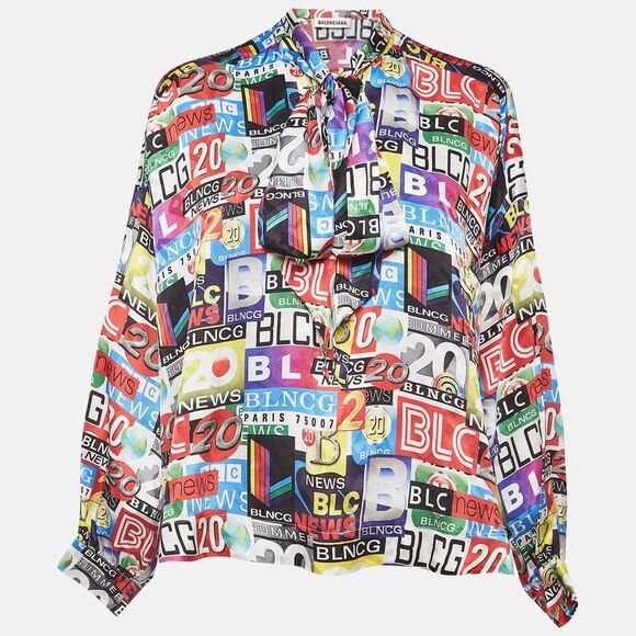 Balenciaga Multicolor News Channel Print Satin Blouse S